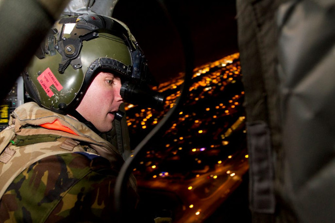 British Mk4B/4L Flying Helmet with NVGs at night in a Chinook